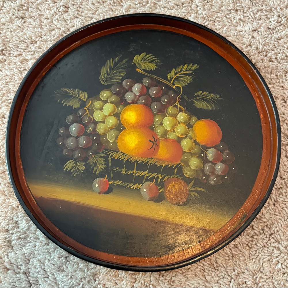 VINTAGE WOOD TRAY GRAPES FRUIT HAND PAINTED OLD MASTERS 12”